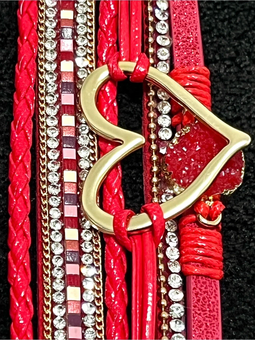 Boho Red Layered Leather Cuff Boutique Magnetic Bracelet Gold Heart Druzy Clasp